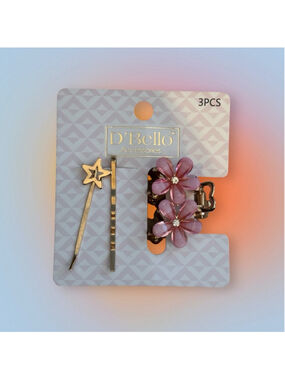 D’Bello 3 Piece Hair Accessories Set Pink Flower Claw Clip & Gold Bobby Pins NWT